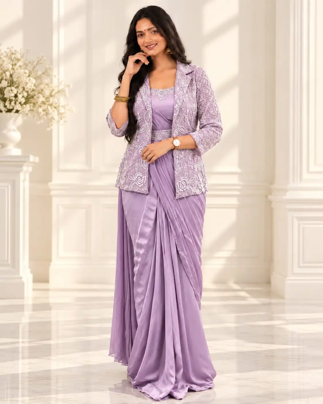 Lavender Ready to Wear Saree with Jacket | Party Wear Saree - View 1