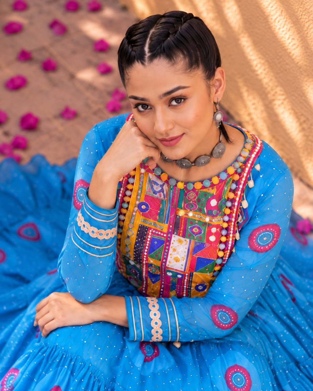 Blue Georgette Navratri Special Gown with Mirror Work Yoke - View 4