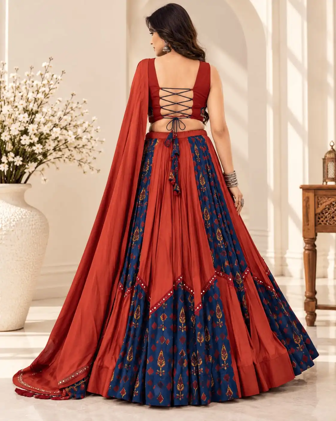 Rust & Navy Blue Rayon Tasar Silk Lehenga Choli Set - View 2