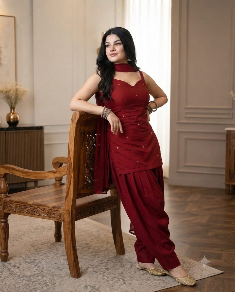 Maroon Pure Cotton Original Farshi Salwar Suit Set - View 3