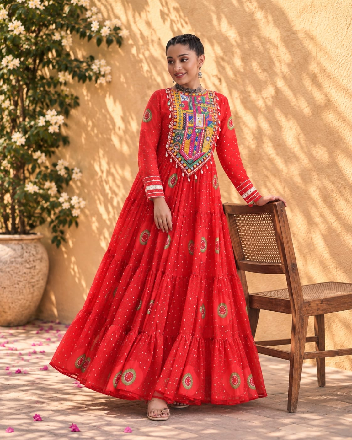 Red Georgette Bandhani Print Navratri Gown with Mirror Work