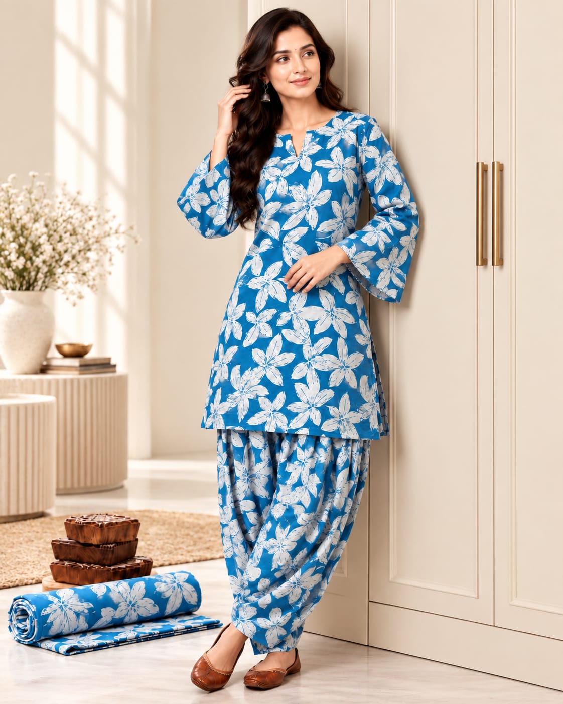 Blue Floral Cotton Stitched Farsi Salwar Suit Set