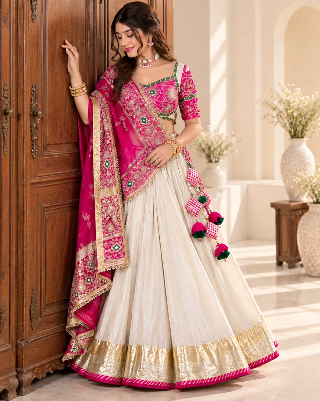 Navratri Special White & Pink Roman Silk Lehenga Choli Set - View 3