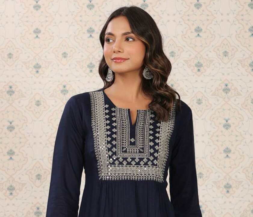 Embroidered Wine A-Line Kurti Top for Women