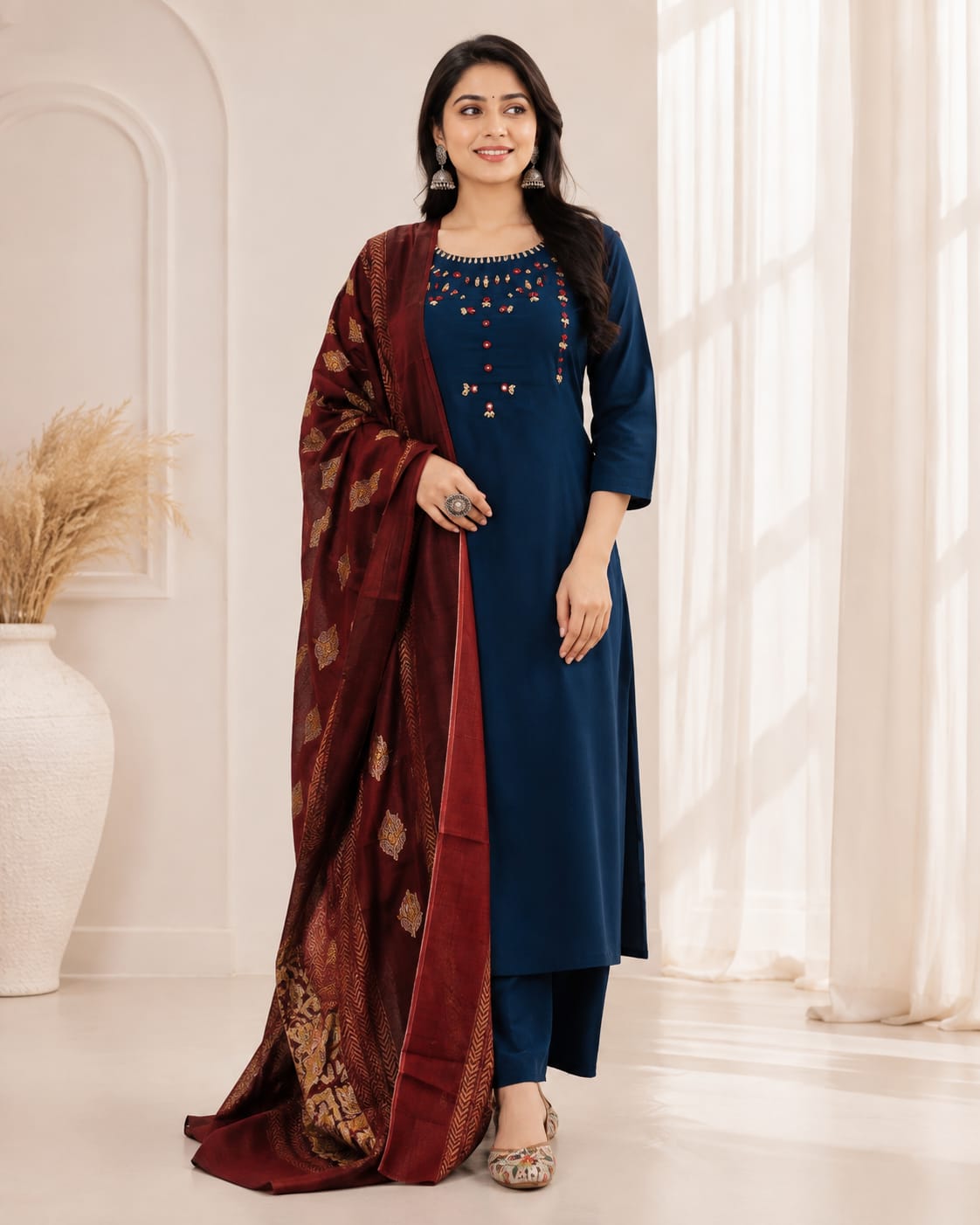Deep Blue Cotton Kurti Set with Mulmul Printed Dupatta