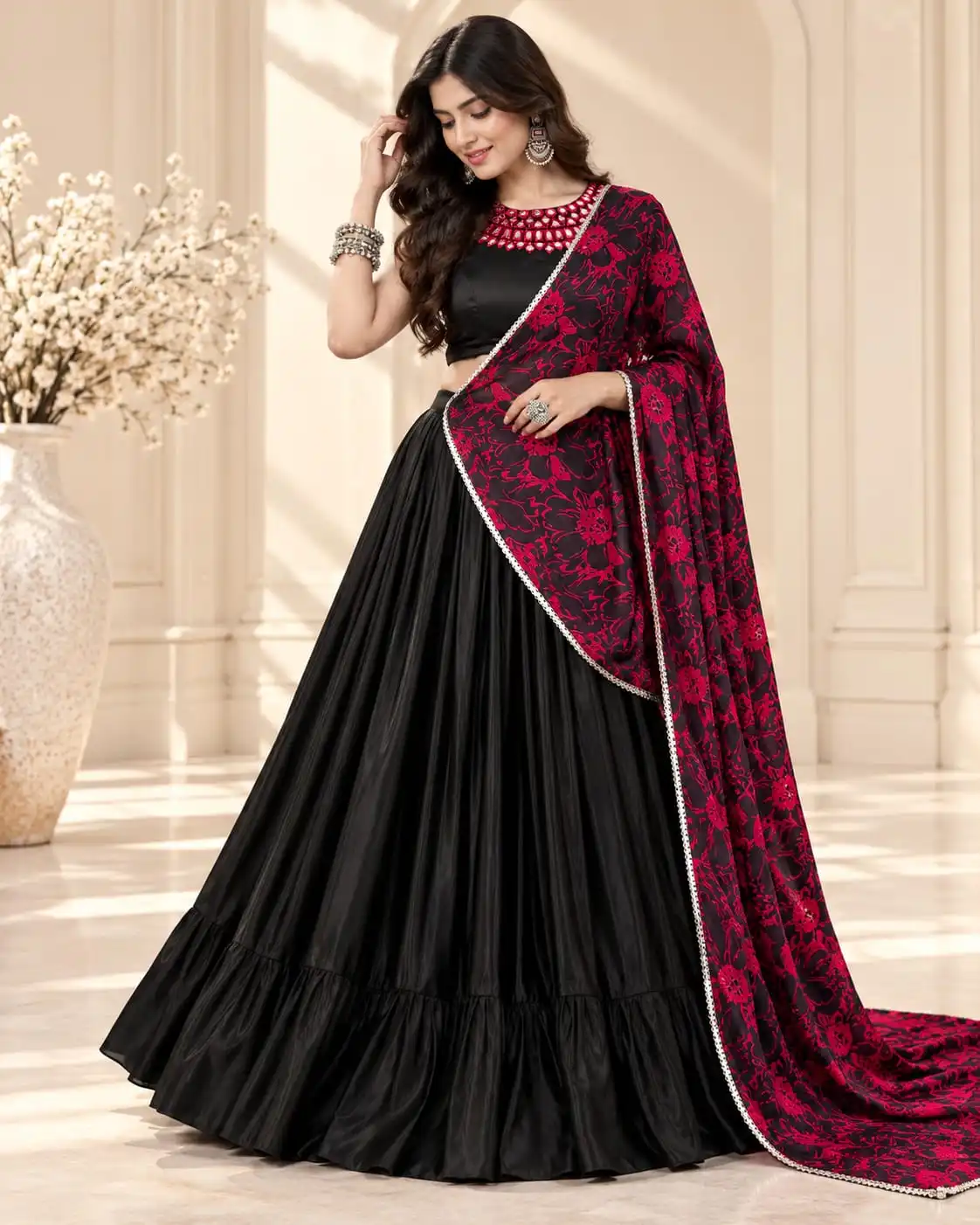 Black & Red Rayon Tasar Silk Navratri Lehenga Choli Set - View 2