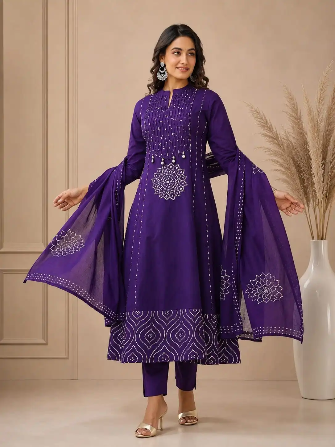Purple Printed Cotton Anarkali Kurta With Dupatta