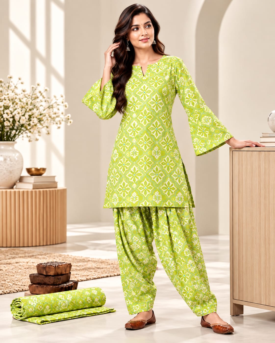 Green Cotton Leheriya Printed Stitched Farsi Salwar Suit Set