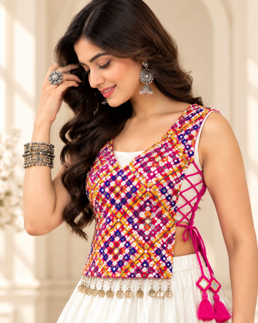 Off-White Pure Cotton Gamthi-Work Navratri Lehenga Choli Set - View 3