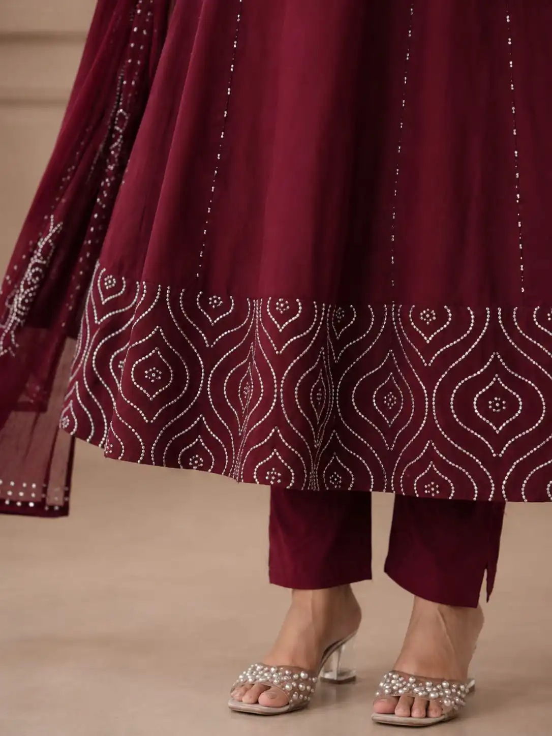 Printed Cotton Anarkali Suit With Dupatta In Deep Maroon - View 3
