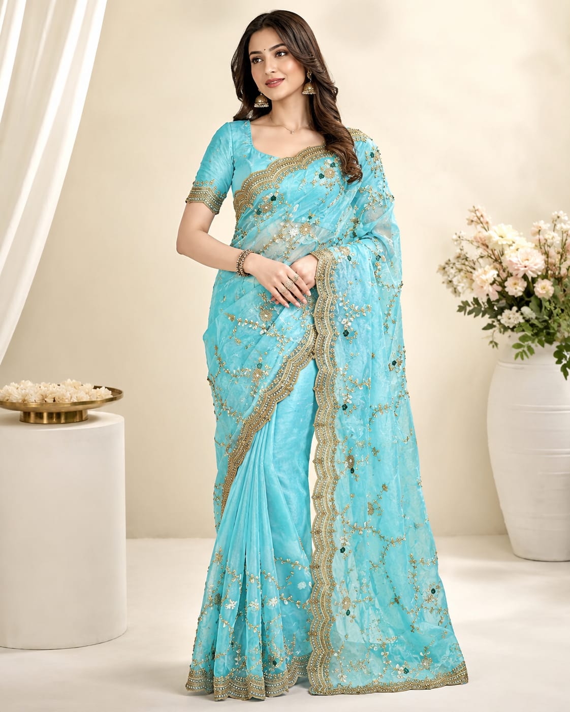 Sky Blue Fandy Silk Designer Saree with Stitched Blouse