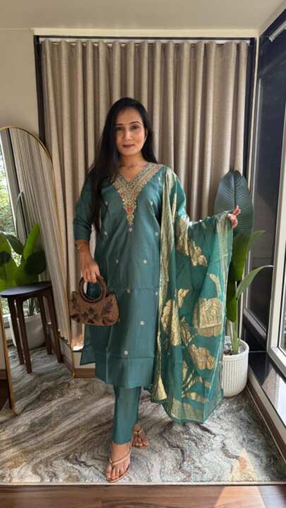 PURE HEAVY ROMAN SILK KURTI PANT SETS - View 1