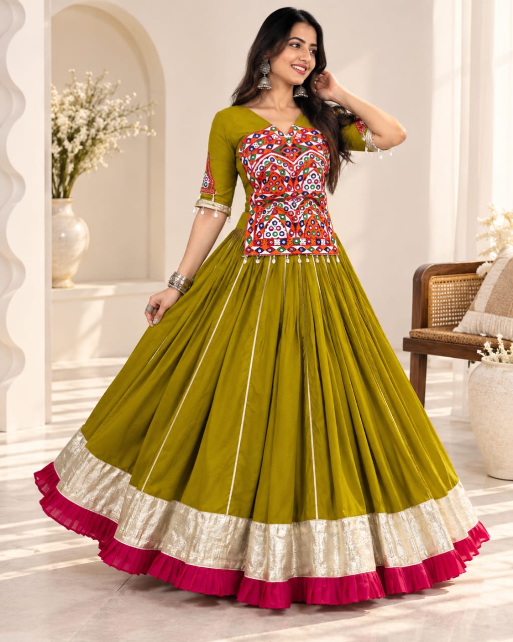Pure Cotton Navratri Special Gamthi Work Lehenga Choli Set
