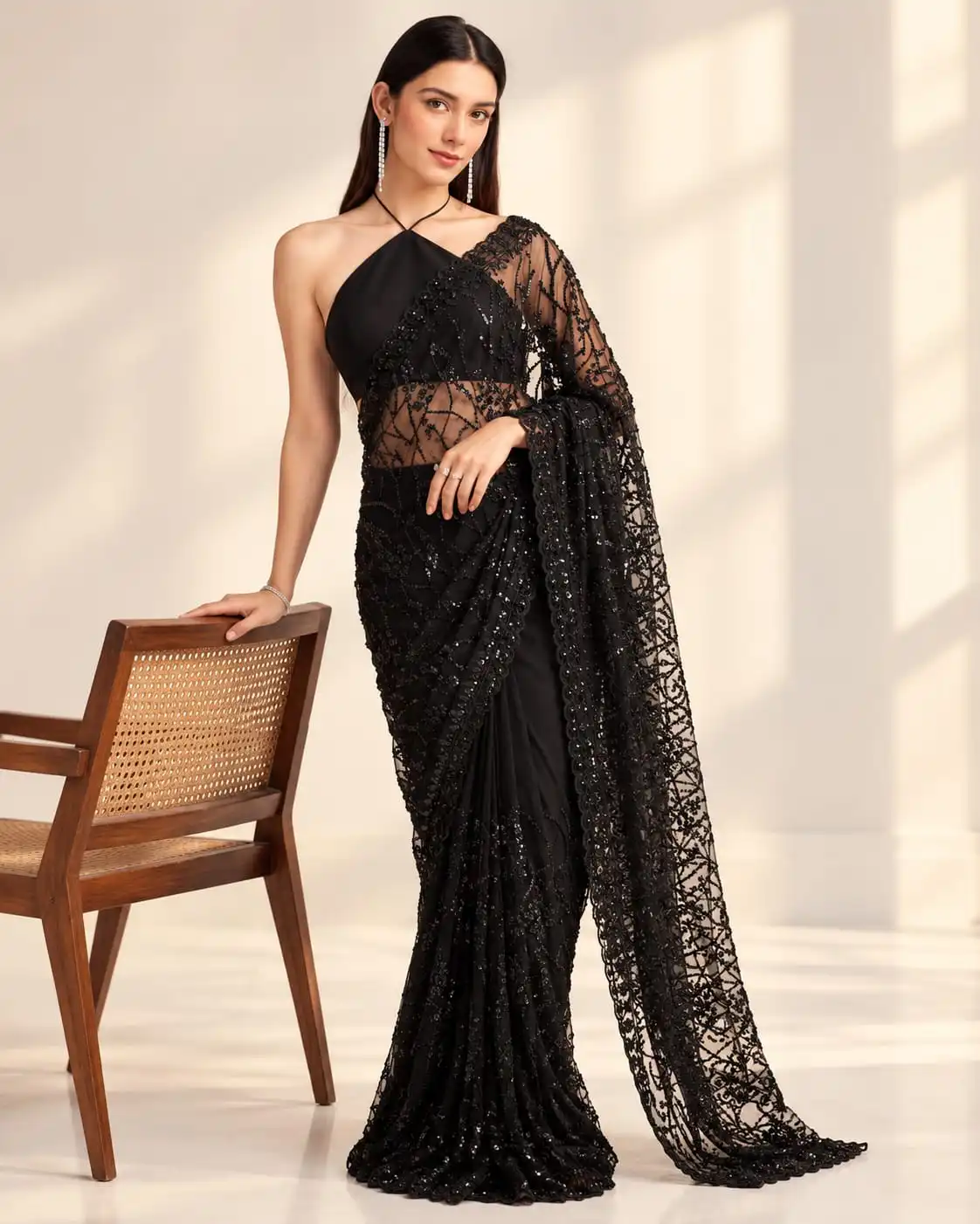 Black Bollywood Sequins Embroidery Net Saree | Designer Party Wear - View 1