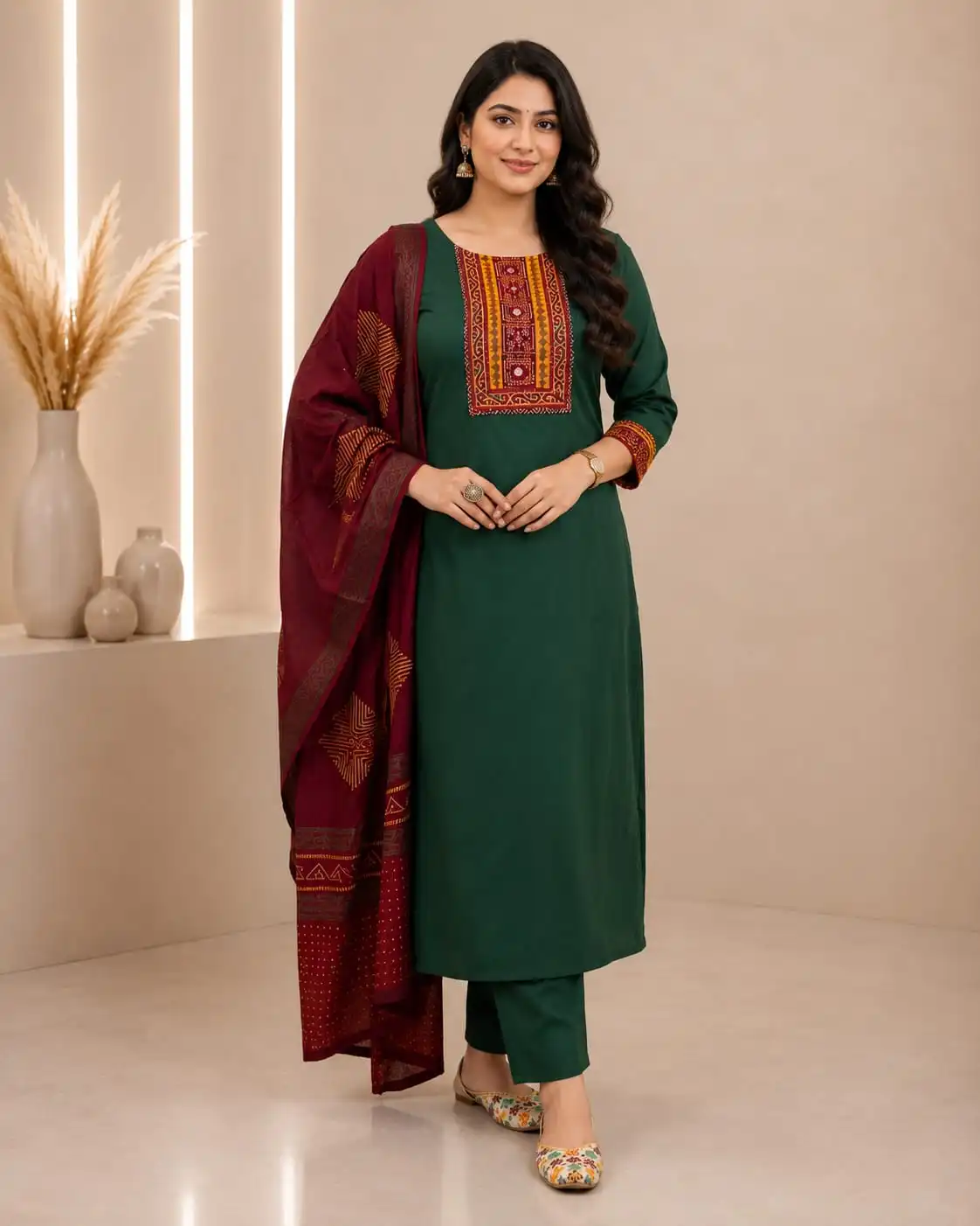 3-Piece Green Pure Cotton Kurti Set with Maroon Dupatta