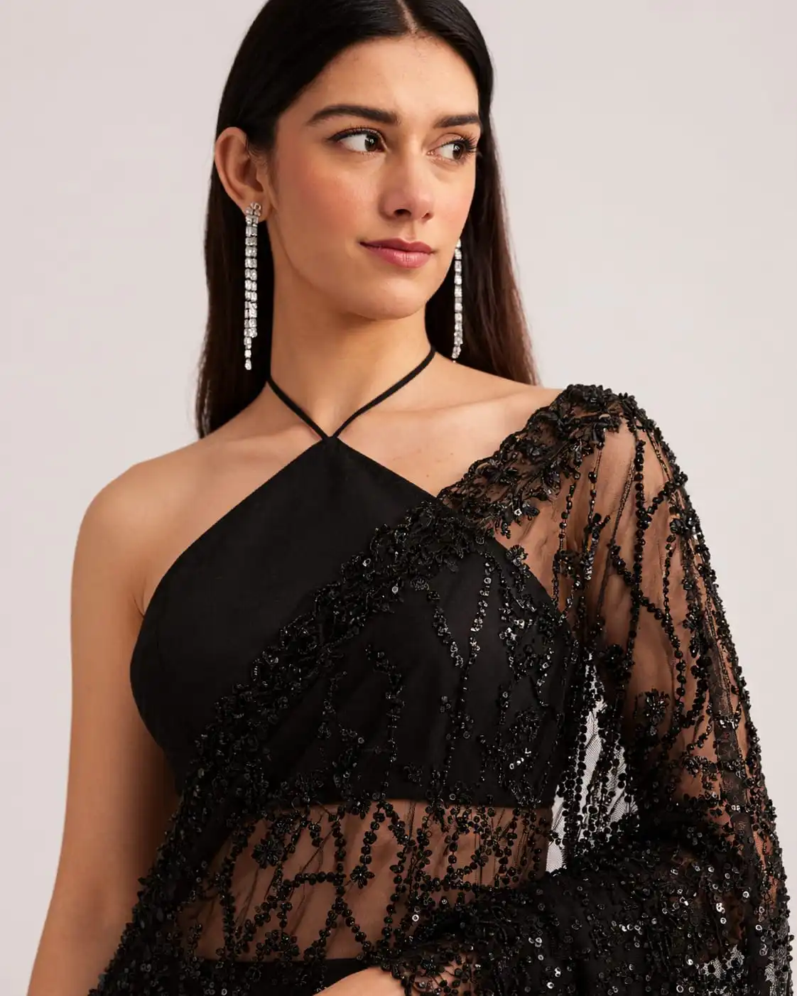 Black Bollywood Sequins Embroidery Net Saree | Designer Party Wear - View 2