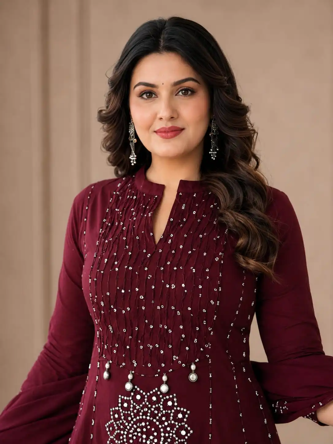 Printed Cotton Anarkali Suit With Dupatta In Deep Maroon - View 2
