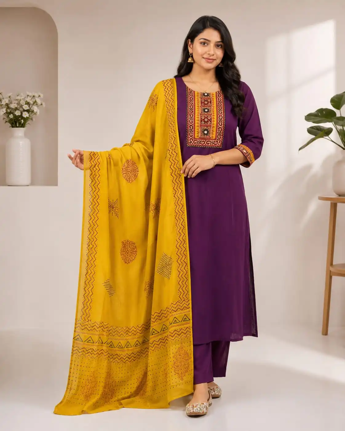 Purple Kurti Set With Mustard Yellow Dupatta