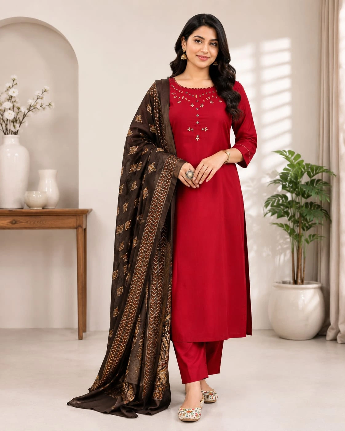 Red Pure Cotton Kurti Set with Black Printed Dupatta