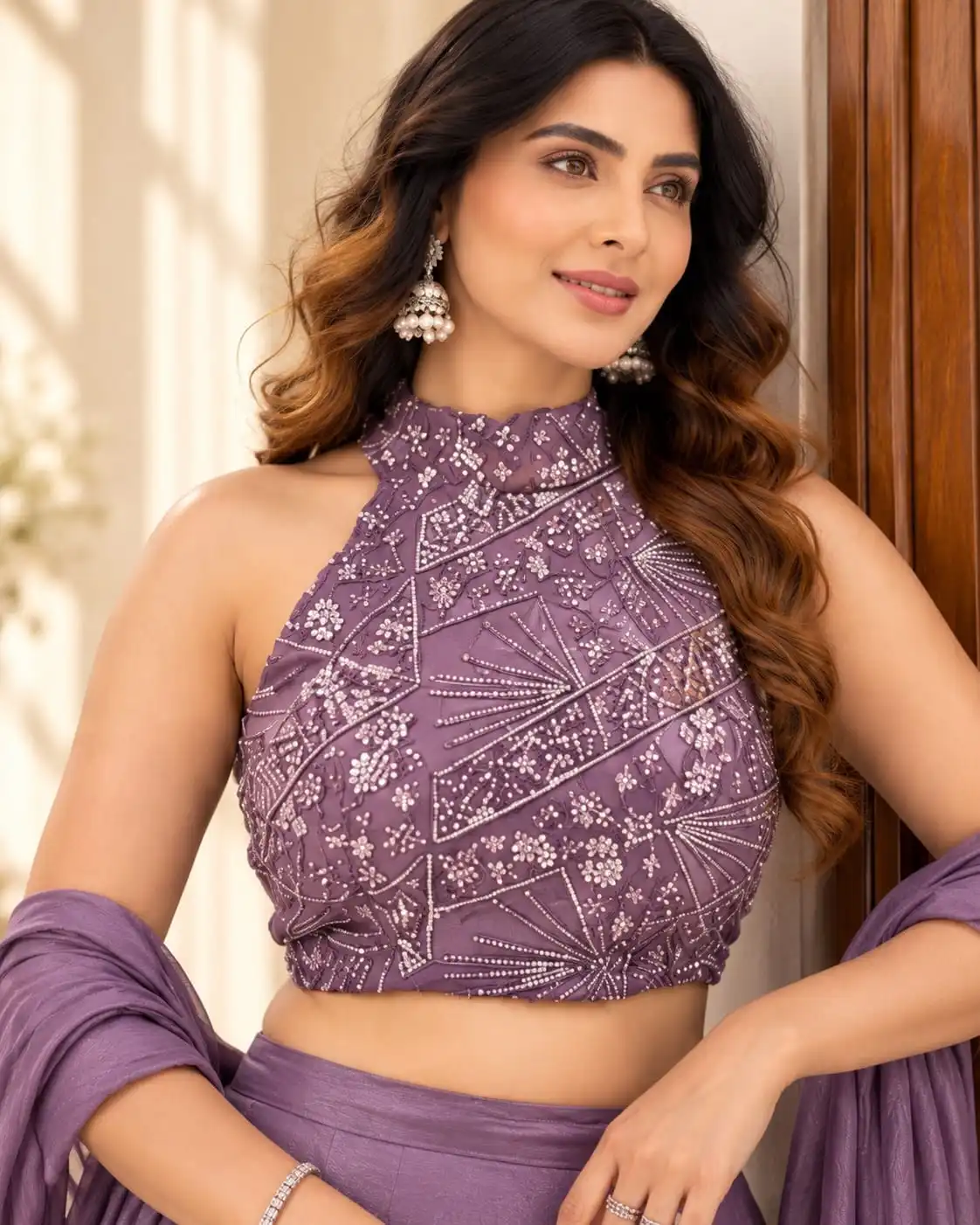 Purple Fendy Silk Beads Work Halter Neck Lehenga Set - View 2