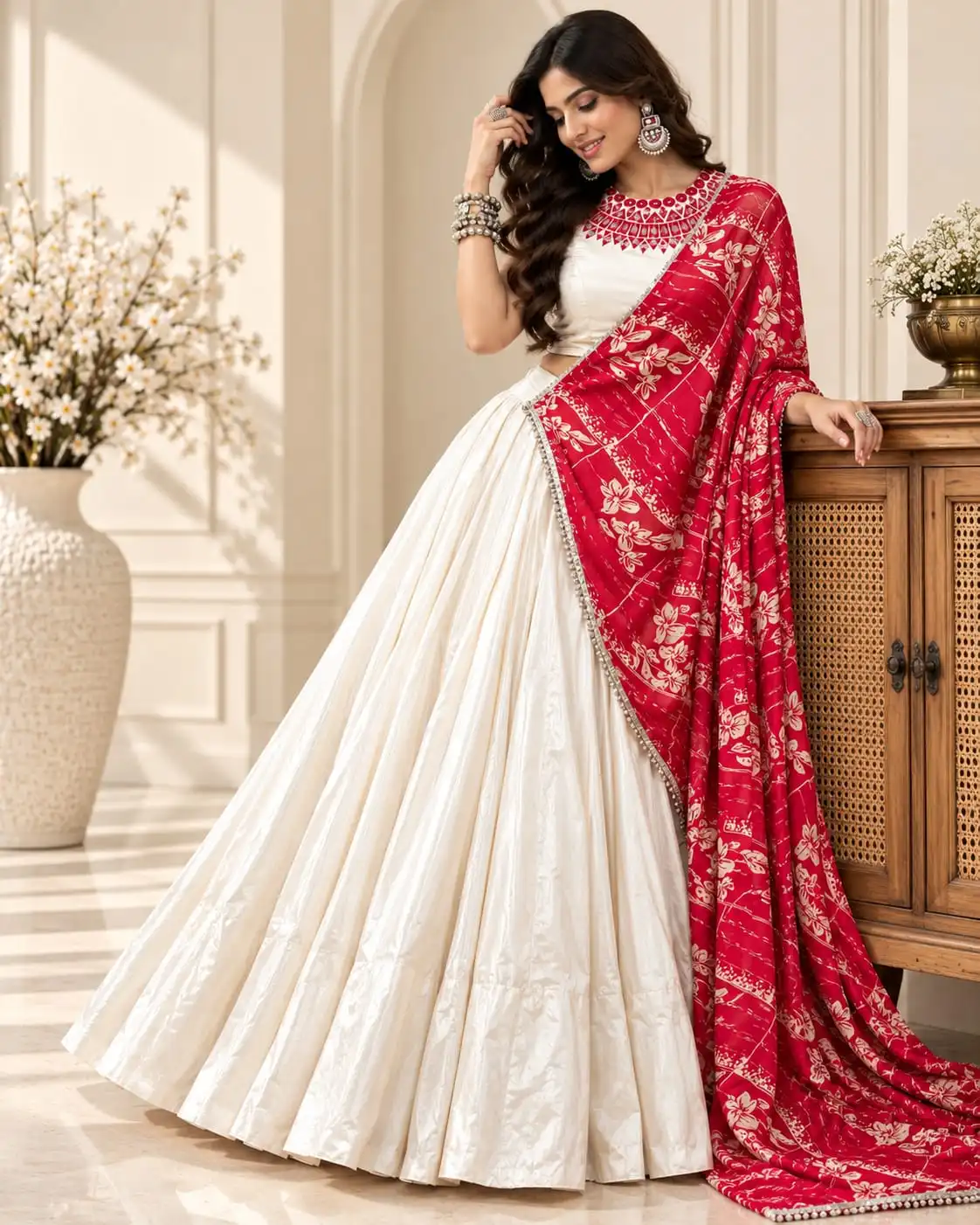 Off-White & Red Rayon Tasar Silk Navratri Lehenga Choli Set