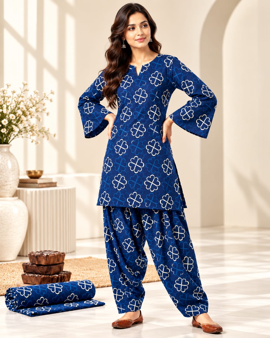 Royal Blue Clover Print Cotton Stitched Farsi Salwar Suit