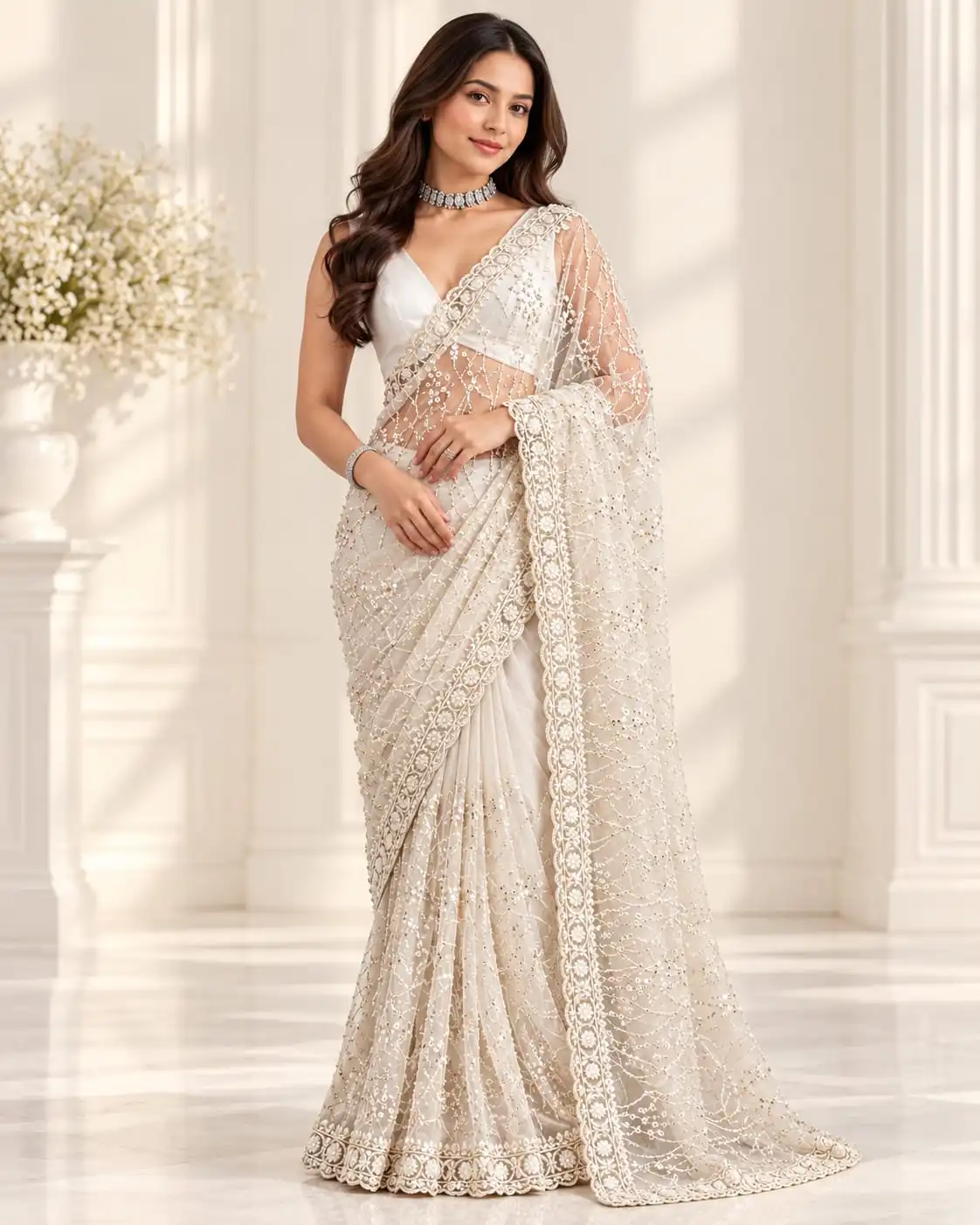White Bollywood Sequins Embroidery Net Saree | Designer Party Wear - View 1