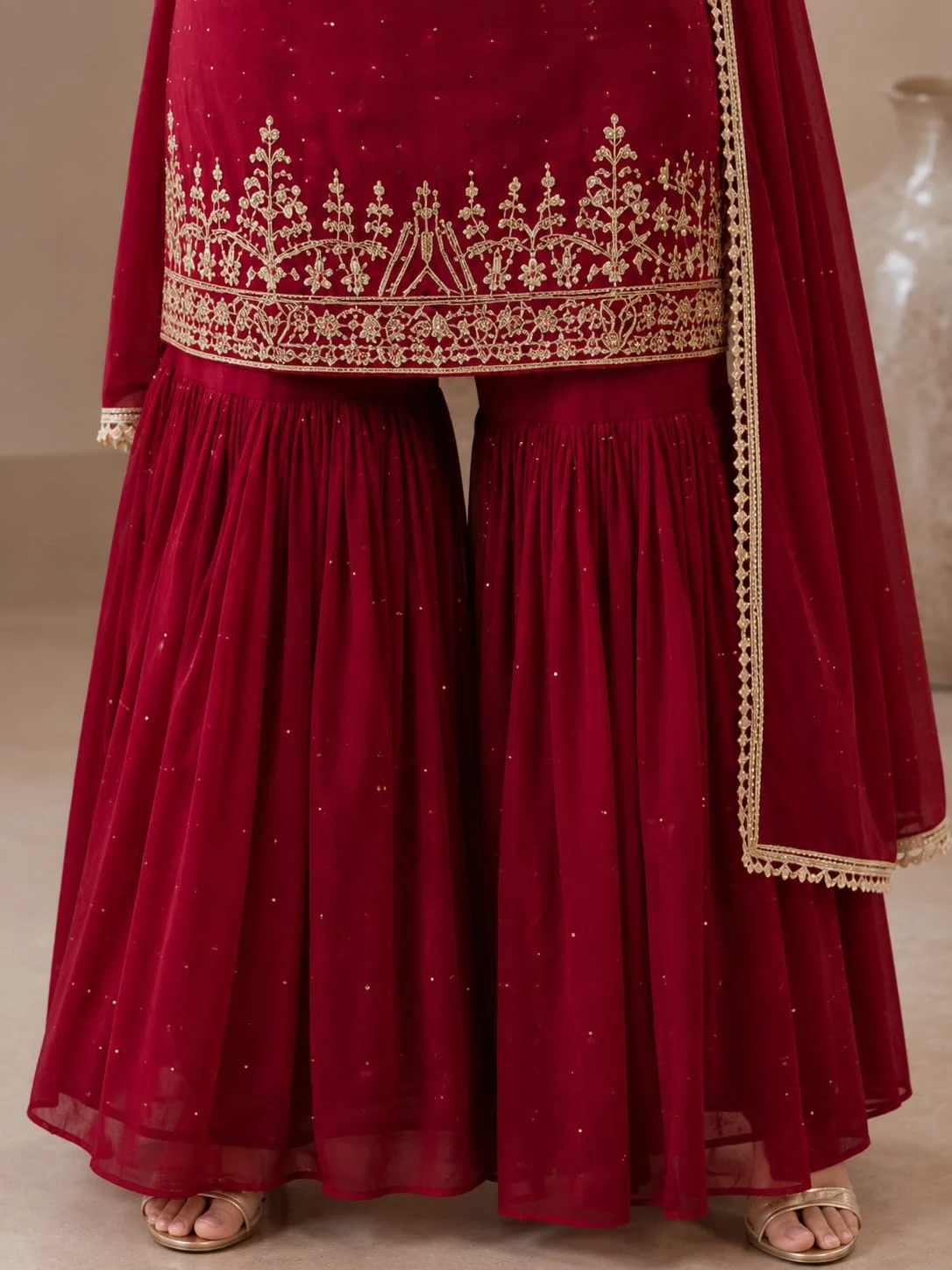 Faux Georgette Red Top Palazzo & Dupatta Set - View 2
