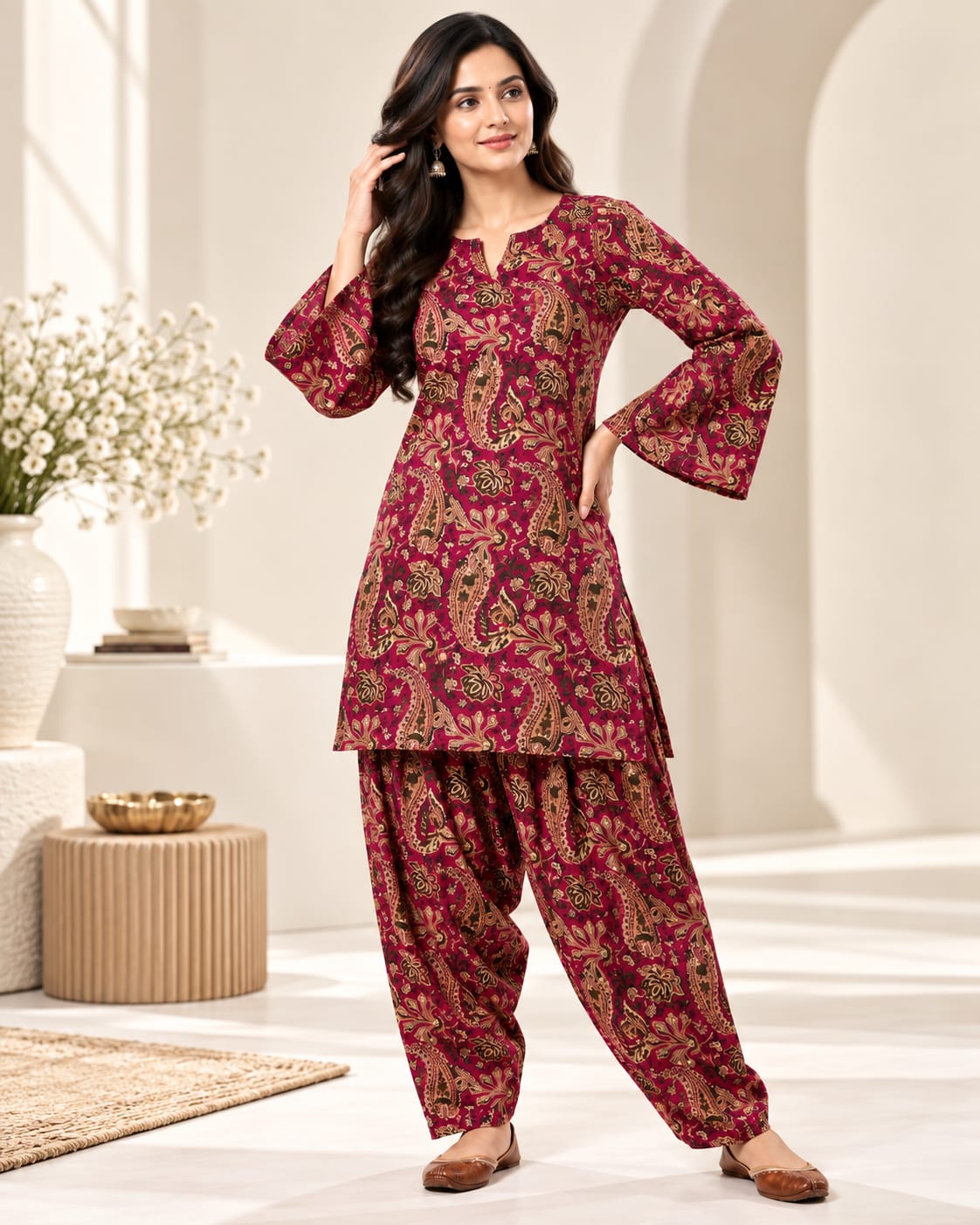 Maroon Paisley Print Cotton Stitched Farsi Salwar Suit