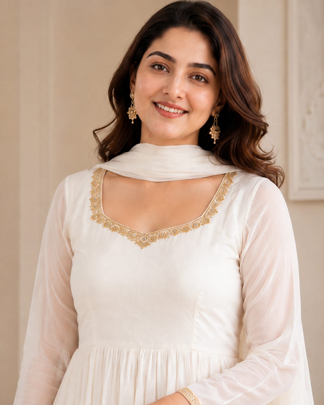 White Pure Mal Chanderi Anarkali Suit Set - View 2