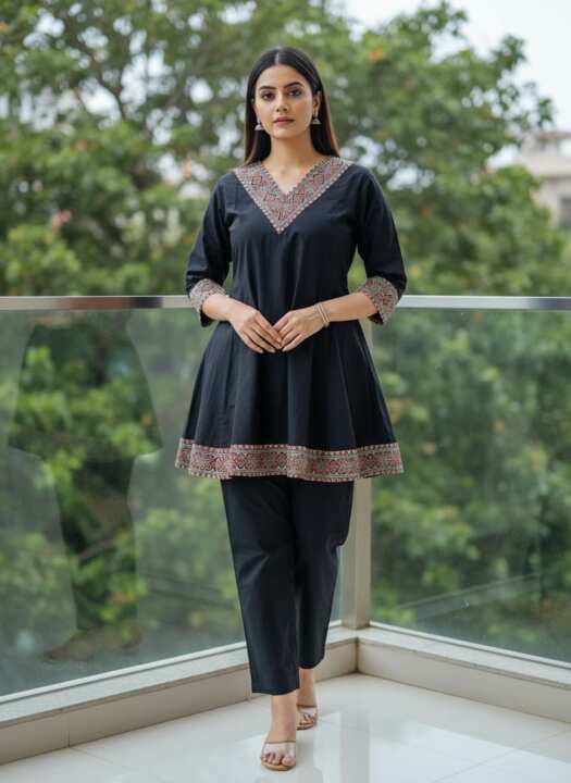 Plain Black Cord-Set With Ajrakh Border