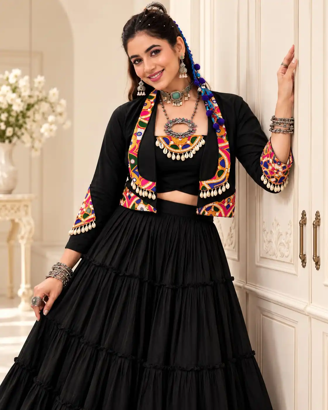 Black Pure Rayon Rajudi Lehenga Choli Set