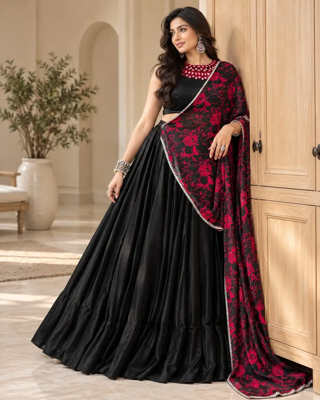 Black & Red Rayon Tasar Silk Navratri Lehenga Choli Set