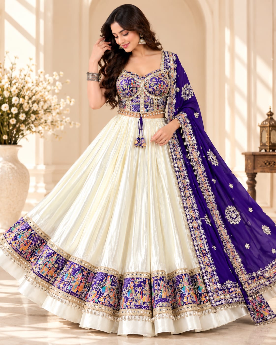Off-White & Royal Blue Heavy Roman Cotton Lehenga Choli Set