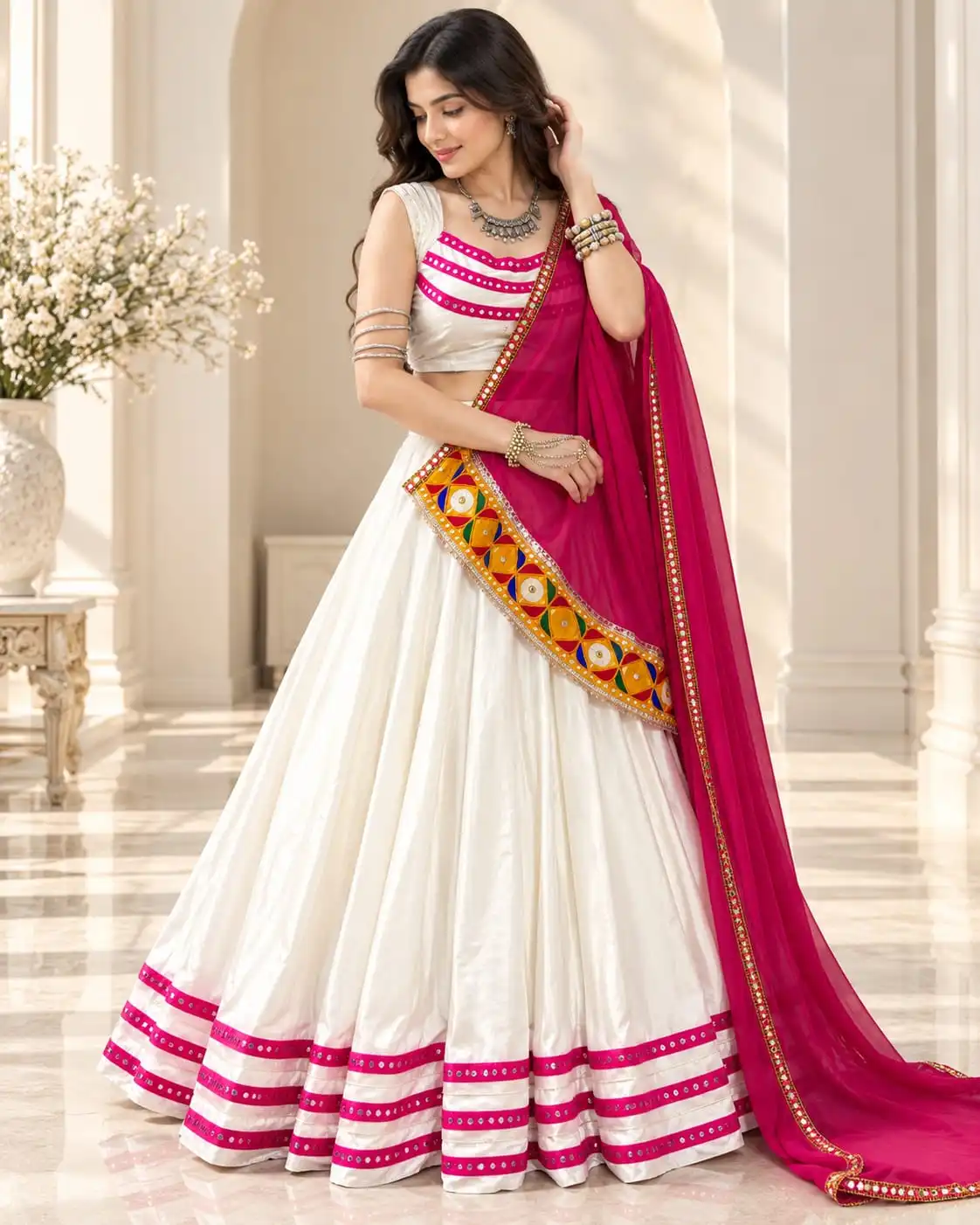 Off-White & Magenta Rayon Lehenga Choli Set