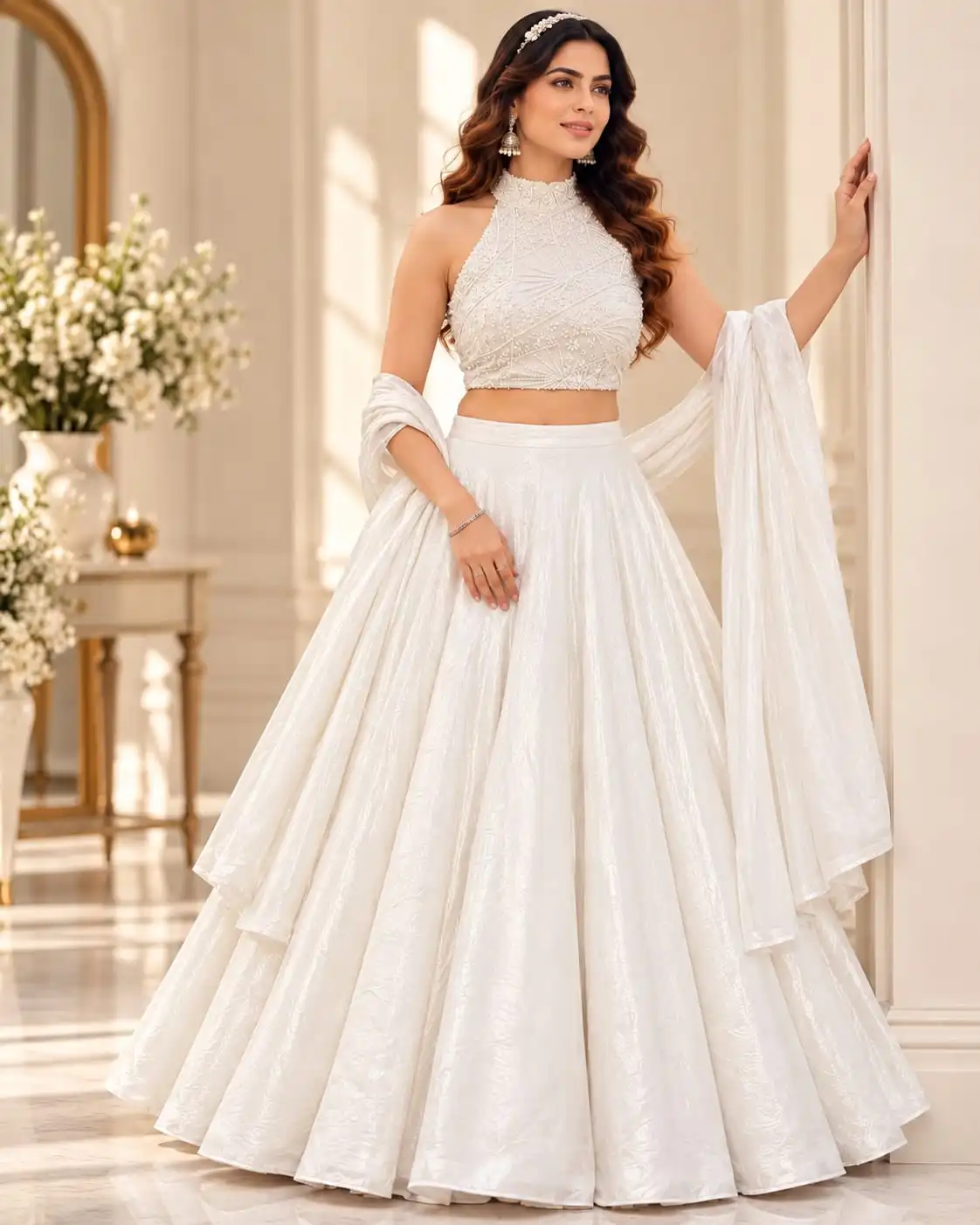 Off-White Fendy Silk Halter Neck Lehenga Choli Set