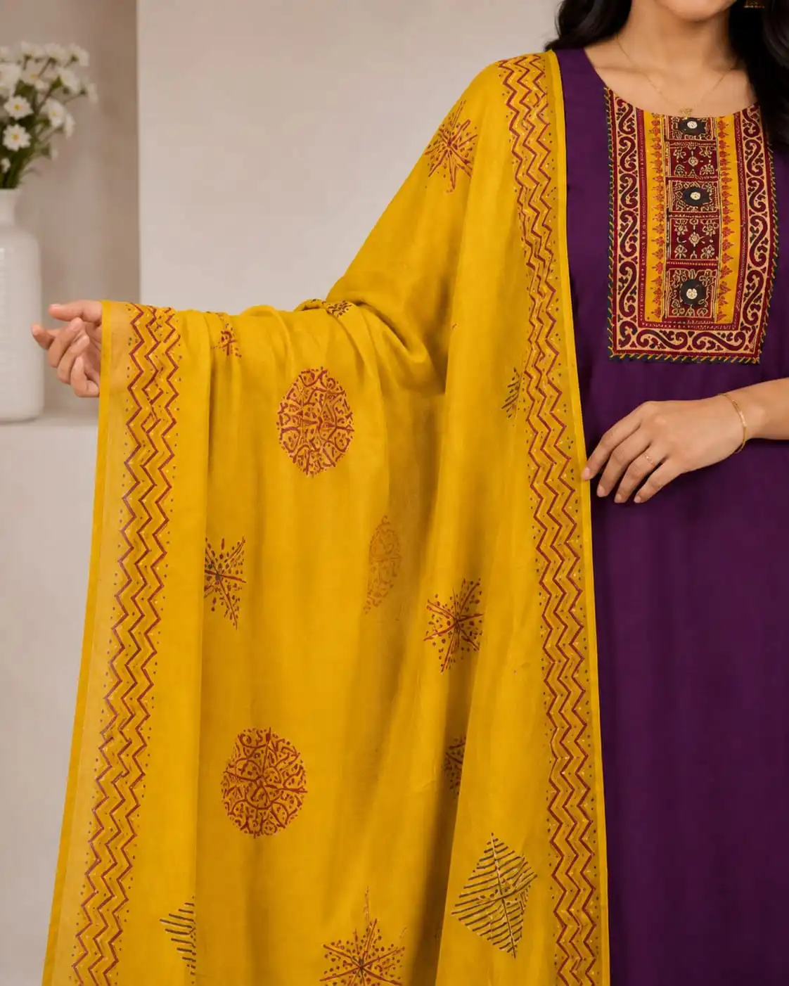 Purple Kurti Set With Mustard Yellow Dupatta - View 2