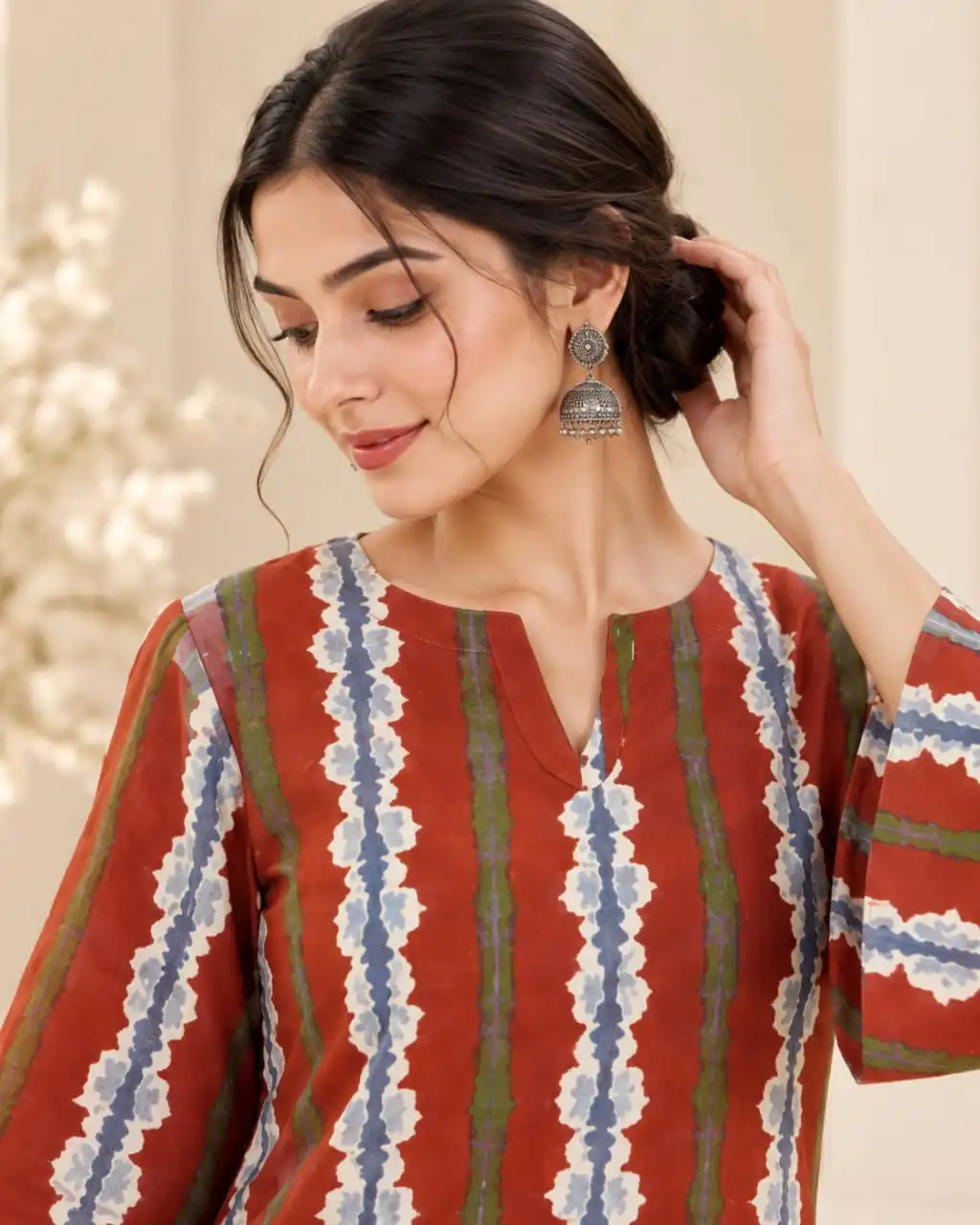 Rust Cotton Lehriya Printed Stitched Farsi Salwar Suit Set - View 2
