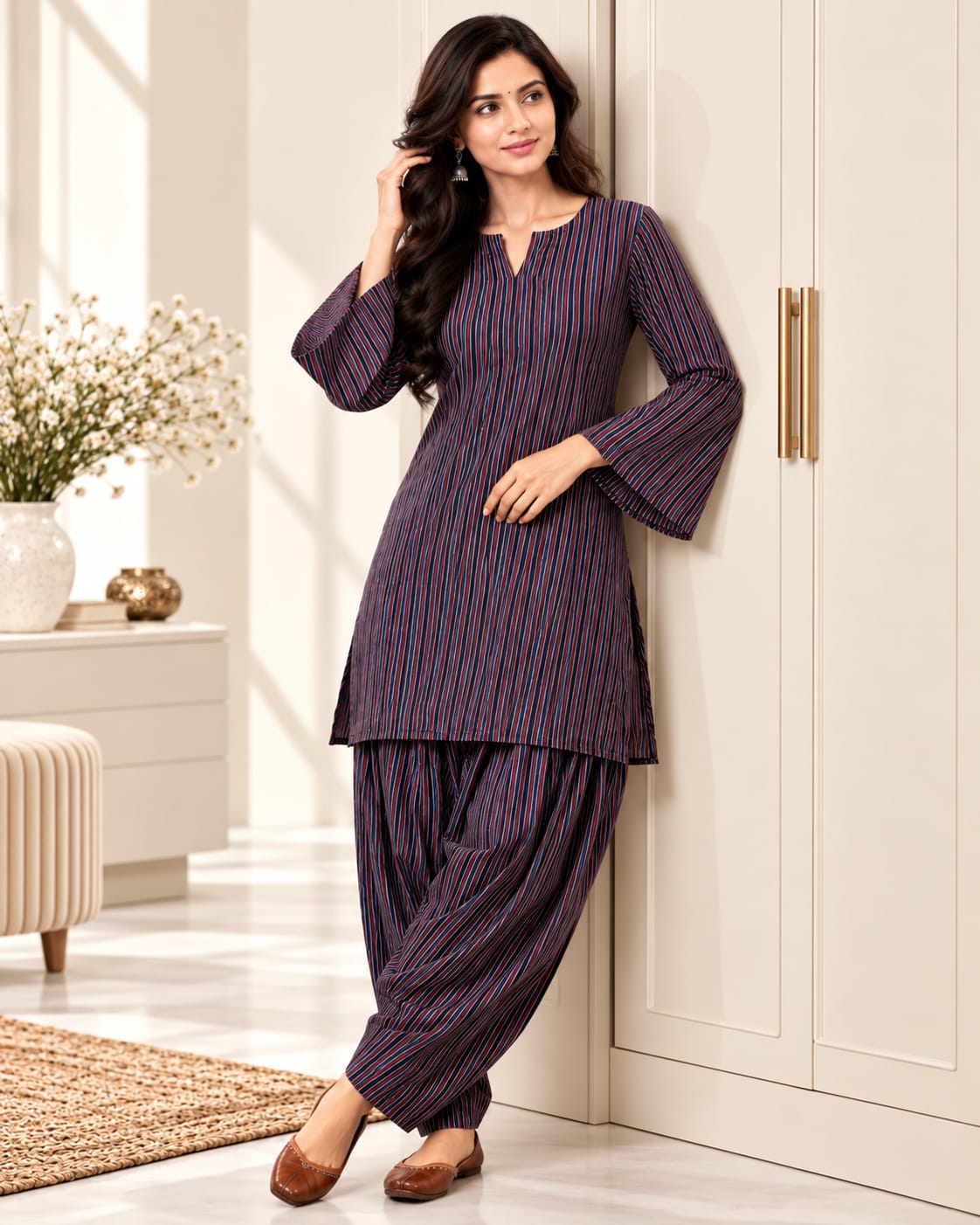Navy Blue & Red Striped Cotton Stitched Farsi Salwar Suit - View 2