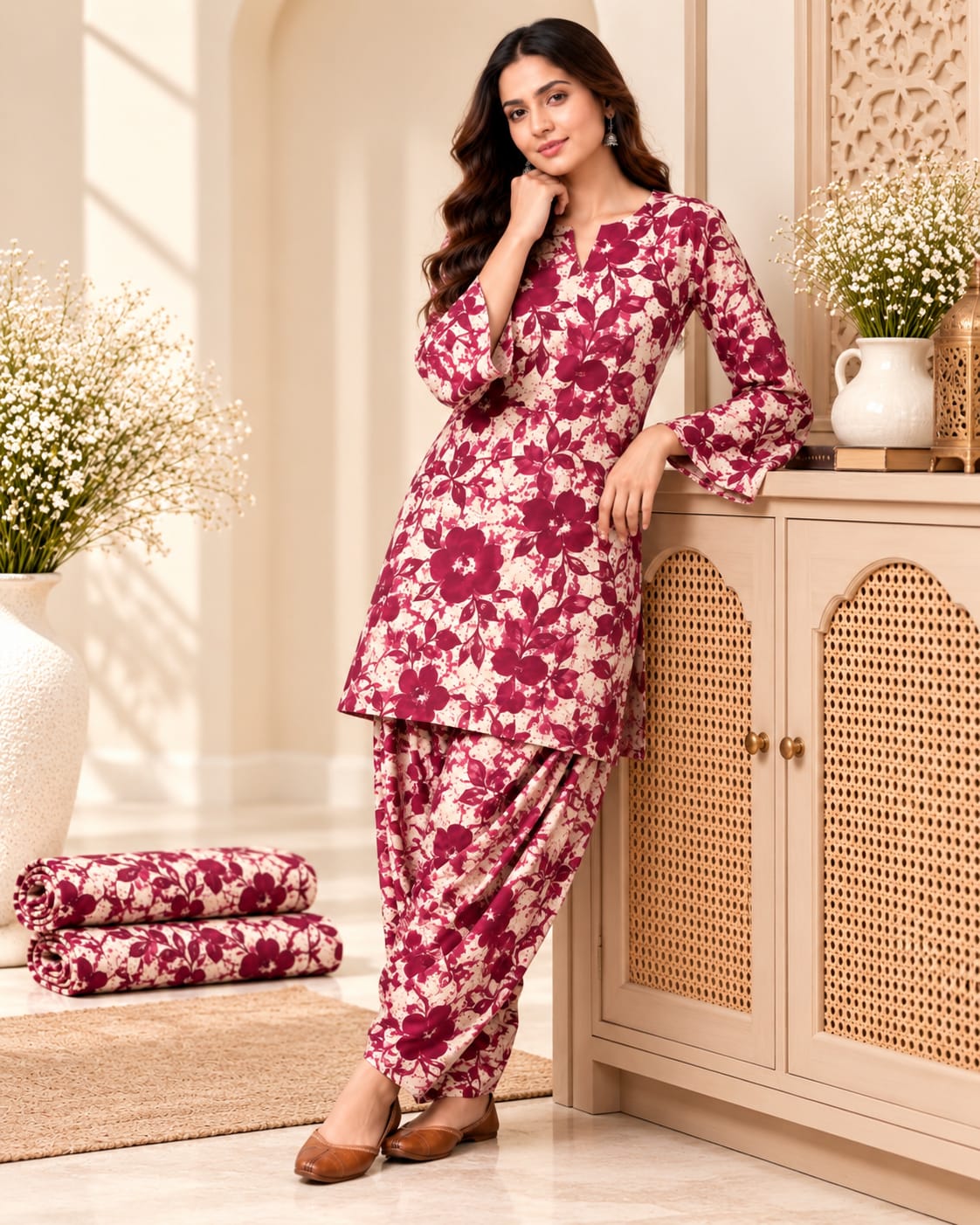 Maroon & Beige Floral Print Cotton Stitched Farsi Salwar Suit