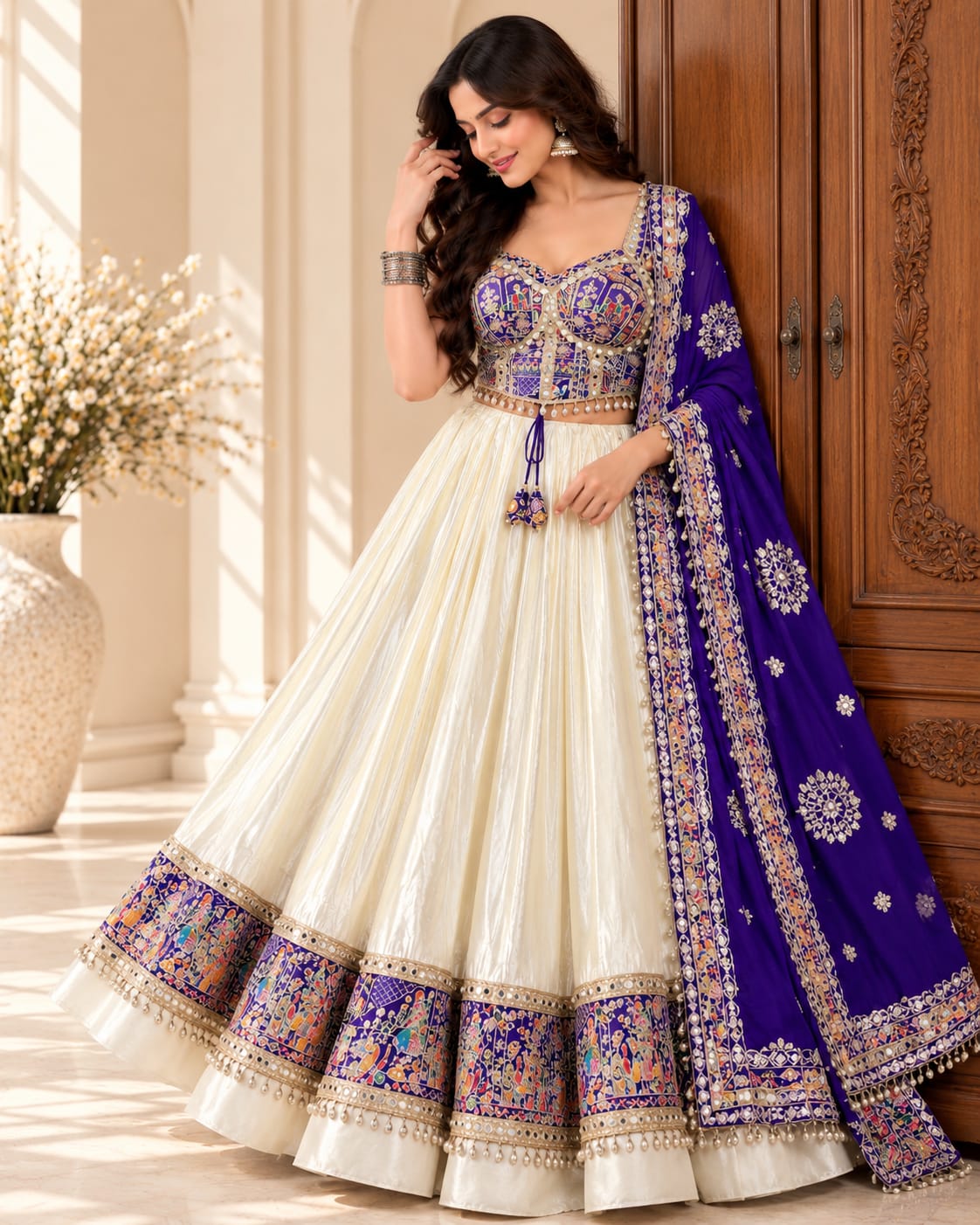 Off-White & Royal Blue Heavy Roman Cotton Lehenga Choli Set - View 3