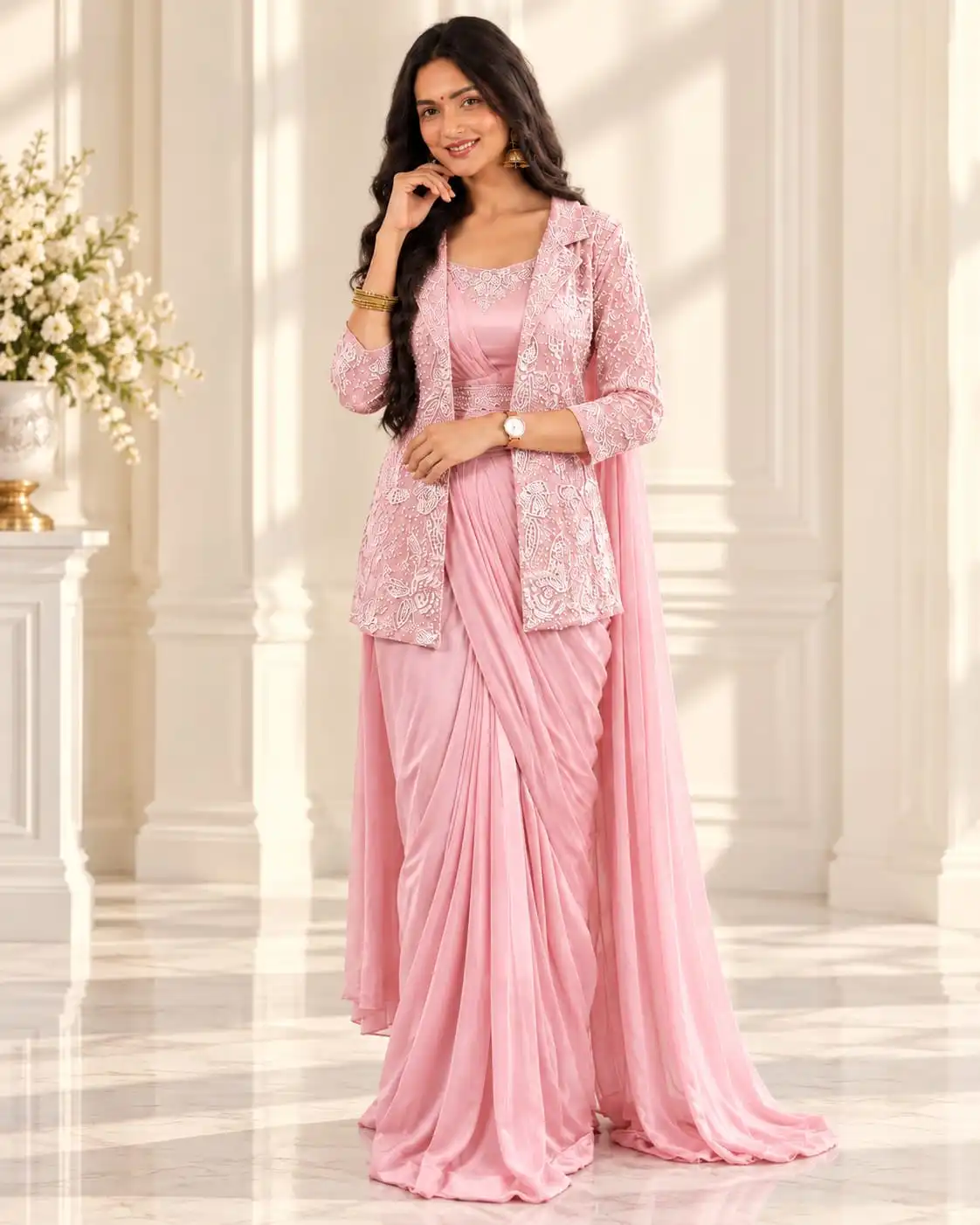 Pink Chinon Ready to Wear Saree | Sequin Jacket - View 3