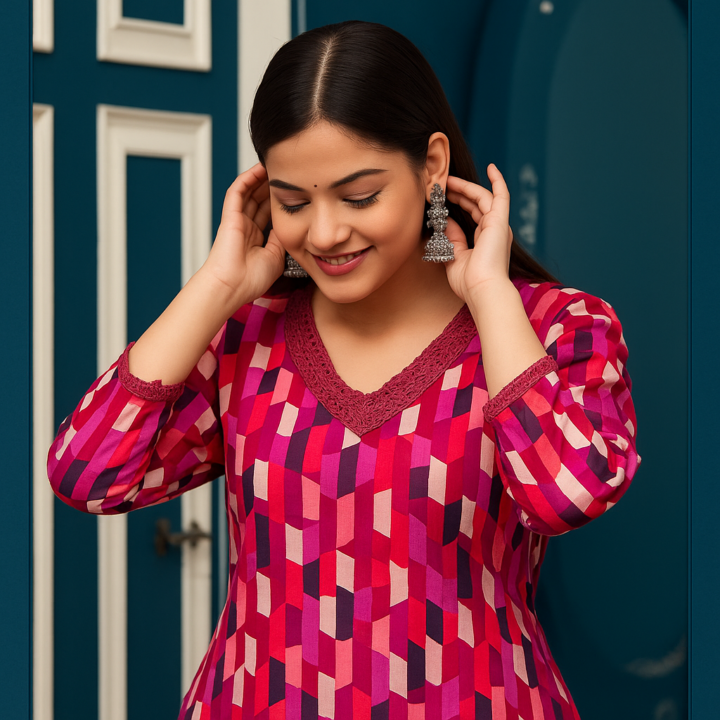 Geometric Berry Pink Printed Kurti with Lace Neckline