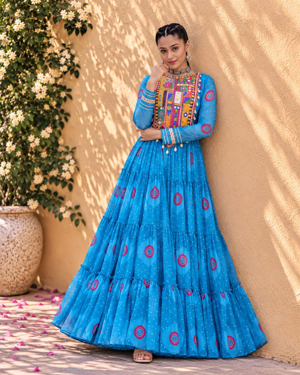 Blue Georgette Navratri Special Gown with Mirror Work Yoke