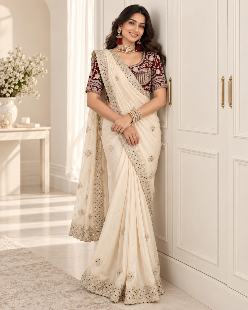 Off-White Fancy Satin Saree with Heavy Embroidery and Designer Blouse