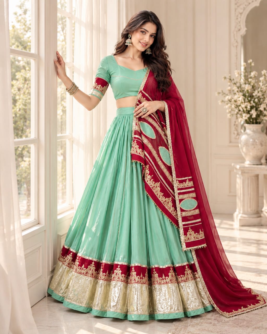 Mint Green and Maroon Navratri Special Rayon Lehenga Choli Set