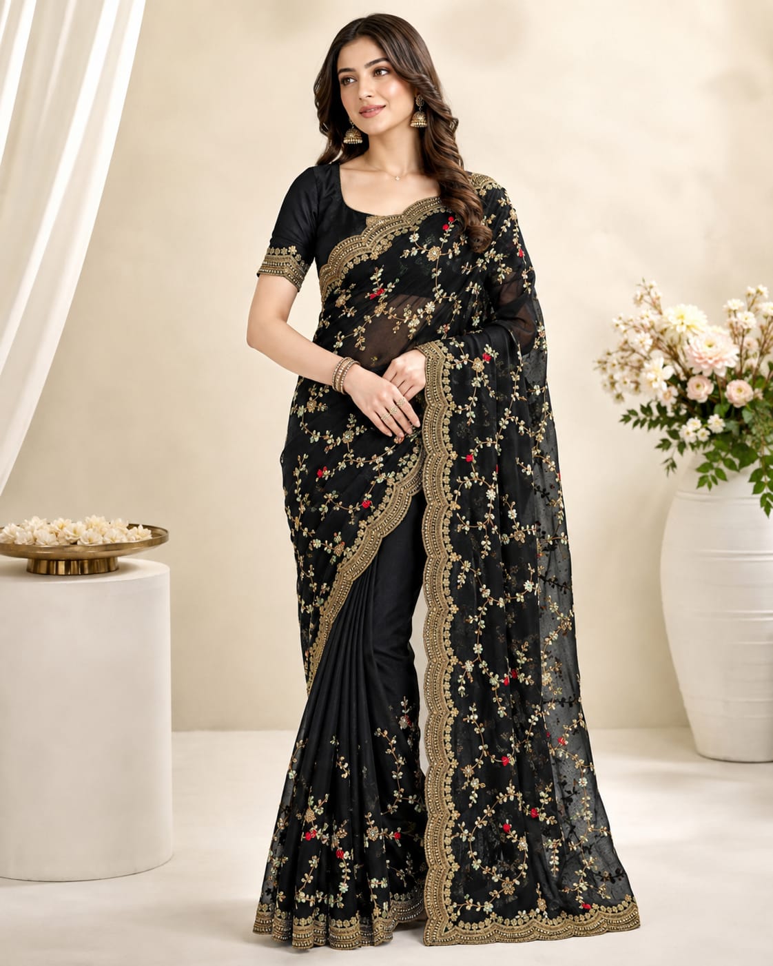 Black Fandy Silk Designer Saree with Stitched Blouse