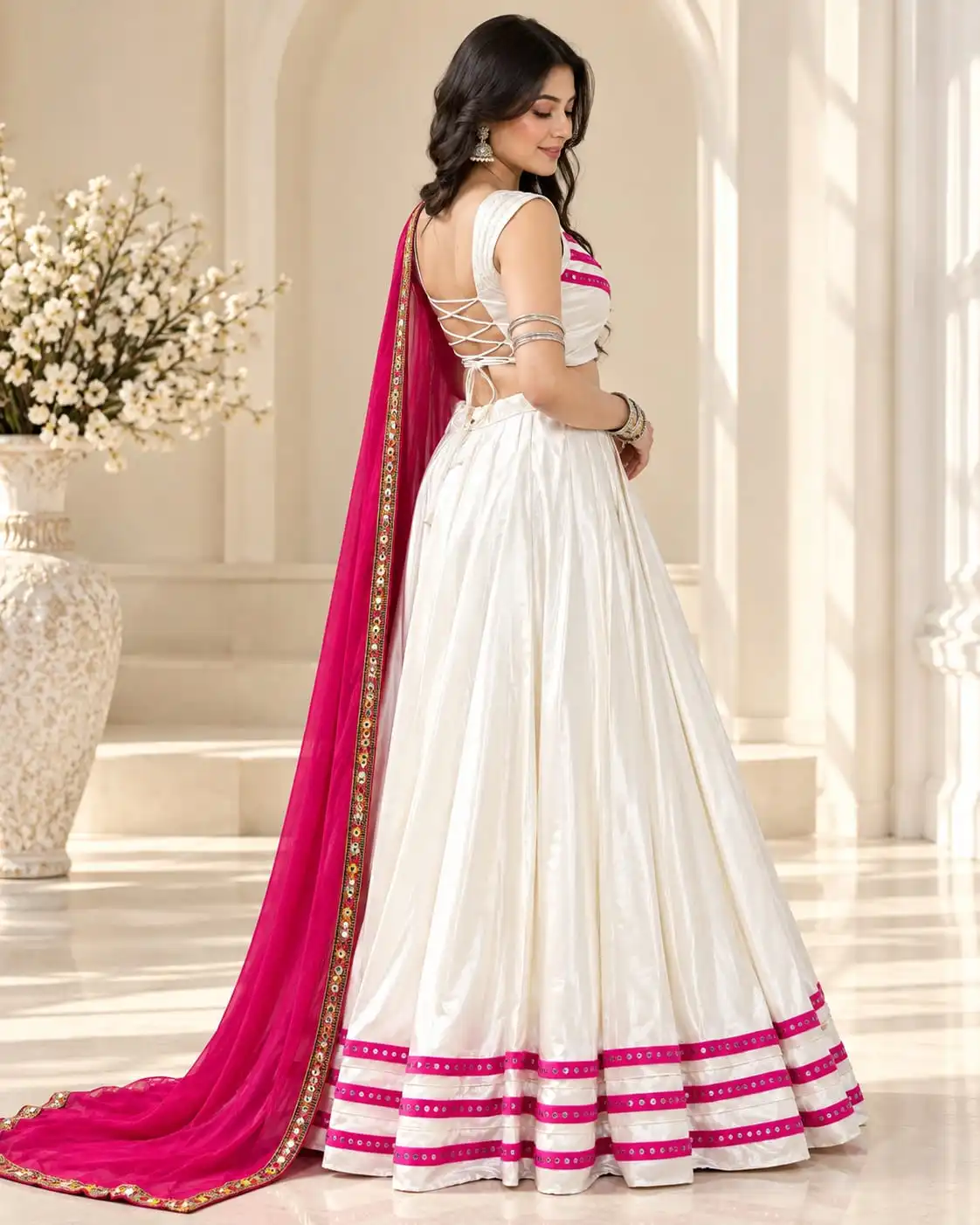 Off-White & Magenta Rayon Lehenga Choli Set - View 3