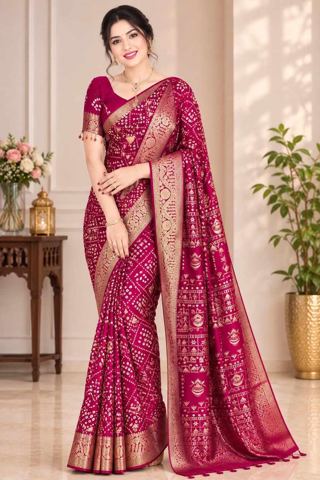 Georgette Fuchsia Pink Saree With Digital Print.