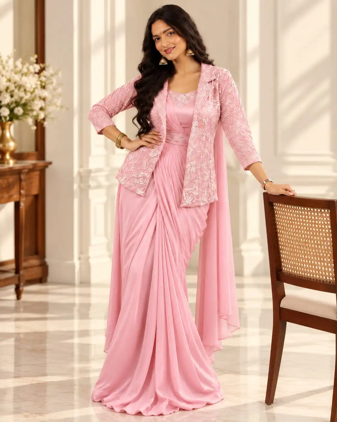 Pink Chinon Ready to Wear Saree | Sequin Jacket - View 1